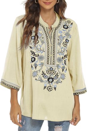 JD Williams Womens Boho Embroidered Tops Mexican Peasant Style Bohemian 3/4 Sleeve Shirt Hippie Clothes Summer Tunic Blouses (Apricot-372, 2XL)