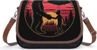 Generic Bigfoot Shaking with Aliens Womens Crossbody Bag Fashion Shoulder Handbags Message Tote Bag with Adjustable Strap
