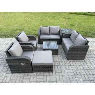 Fimous 7 Seater Rattan Sofa Set Outdoor Garden Furniture Set with Square Coffee Table Loveseat Sofa Reclining Chairs Side Table Big Footstool Dark Grey