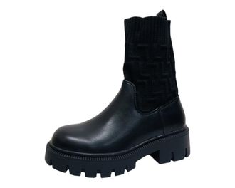 Generic Women Chunky Sole Faux Leather Knitted Comfy Walking Ankle Boots (Black, One Size, UK Footwear Size System, Adult, Women, Numeric, Medium, 6.5)