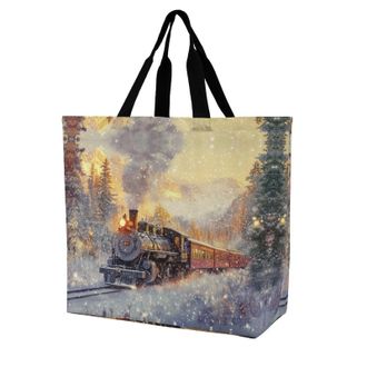 Generic Vintage Steam Train Large Reusable Shopping Bag Lightweight Foldable Tote Bags Washable Shoulder Handbag