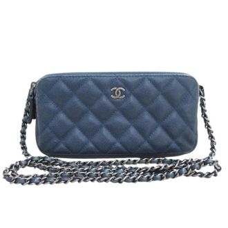 Chanel Pre-owned Matelass&eacute; Caviar Skin 2way Chain Wallet - Dames - Pre-owned - Blauw - Maat: ONE Size Leer