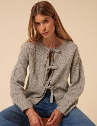 Nobody's Child Grey Tie Front Cable Knitted Cardigan