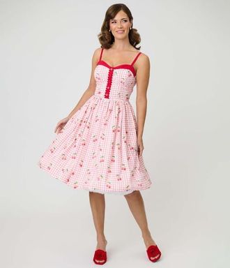 Unique Vintage 1950s Sleeveless Swing Dress in Red Gingham W/Cherry Print at Nordstrom, Size X-Large