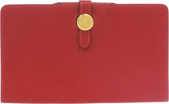 Herm&egrave;s Red Color Togo Leather Long Wallet (Bi-Fold) (Pre-Owned)