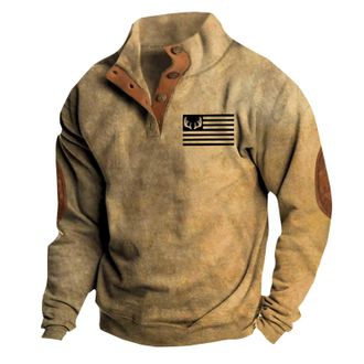 Generic Sweatshirts for Men Vintage Reindeer National Flag Printed Sweatshirt Lapel Collar Button Up Mens Polo Shirts Long Sleeve Tops Fall Winter Jumpers (Kh