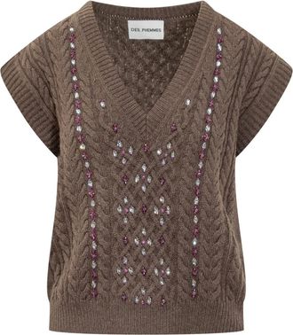 Des_Phemmes DES Phemmes, Truien & Vesten, Dames, Bruin, S, Kabelgebreide V-halsvest met juwelen
