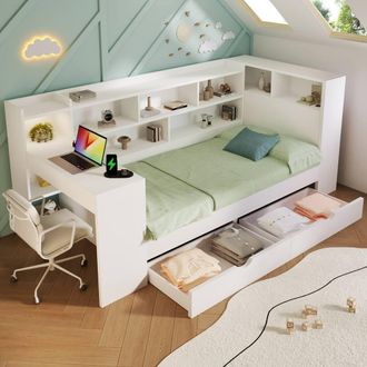 Matteo White Multi-functional Single Daybed with Bookcase, Desk & Storage