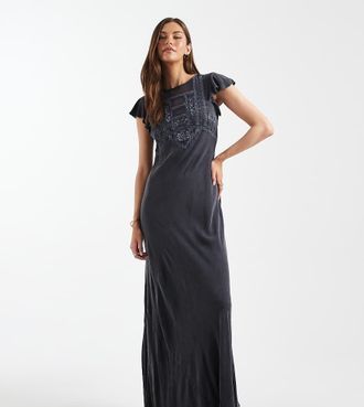 Asos Tall ASOS DESIGN Tall - Vestito lungo accollato con maniche con volant e inserti in pizzo blu navy slavato-Grigio