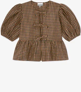 Ganni Womens Crinkled Taffeta Check Peplum Blouse