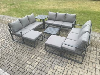 Fimous Aluminium Outdoor Garden Furniture Set Patio Lounge Sofa with Square Coffee Table Side Table 2 Big Footstools Conservatory Set in Dark Grey