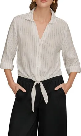 DKNY Yarn Dye Stripe Crop Linen Blend Button-Up Shirt in Cream/Black at Nordstrom, Size X-Small