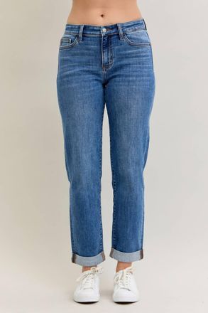 Judy Blue Mid Rise Boyfriend Fit Cuff Jeans In Blue