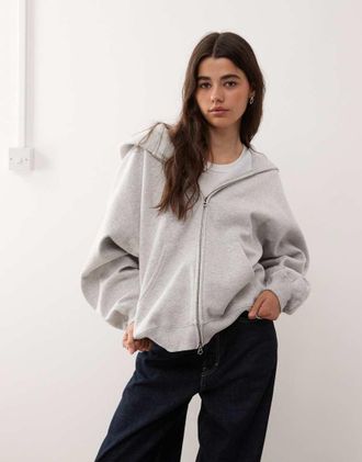 Weekday Felpa oversize pesante grigio m&eacute;lange con cappuccio e zip