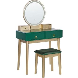Beliani Tocador Led Verde Esmeralda Dorado 80 X 40 Cm Mdf 4 Cajones Espejo Taburete Fedry
