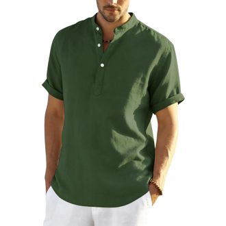 Generic Linen Shirts Men Short Sleeve Summer Beach Hawaiian Shirts With Pockets Fashion Grandad Collar Collarless Henley Tshirts Men Uk Button V Neck Cotton L