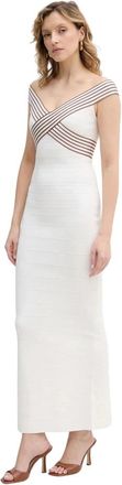 Elisabetta Franchi Lange gebreide jurk met gestreepte banden - Dames - Avondkleed - Beige - S - Leer - Kleedjes