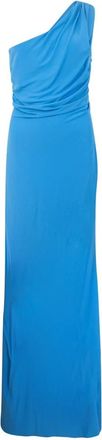 Alberta Ferretti Glanzende fluwelen jurk met &eacute;&eacute;n schouderband - Dames - Maxi kleedjes - Blauw - XL - Kleedjes