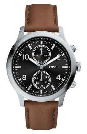 Fossil Bennett Multifunction Leather Strap Watch, 45mm in Silver at Nordstrom Rack