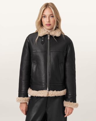 AllSaints Leather Lorel Shearling Flying Jacket, Size: XS