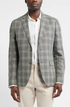 Nordstrom Henrik Trim Fit Plaid Slub Linen & Cotton Blend Sport Coat in Green Enzo Plaid at Nordstrom, Size 46