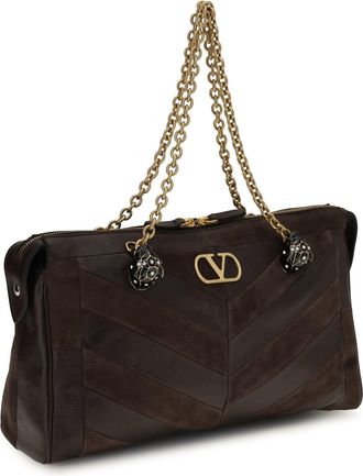 Valentino Garavani Womens Medium Panthea Shoulder Bag Ebony Brown-Oak Brown Calf Leather Bos Taurus Brown/oak