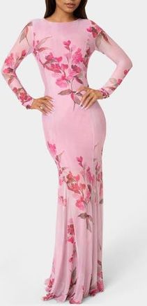 Bebe Long Sleeve Powermesh Gown in Pink /Multi at Nordstrom Rack, Size Medium