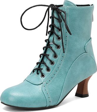 Generic Womens Victorian Style Ankle Boots Chunky Low Mid Heel Round Toe Lace-Up Front Faux Leather Short Booties for Cocktail Party Bridal Reception,Green,6.