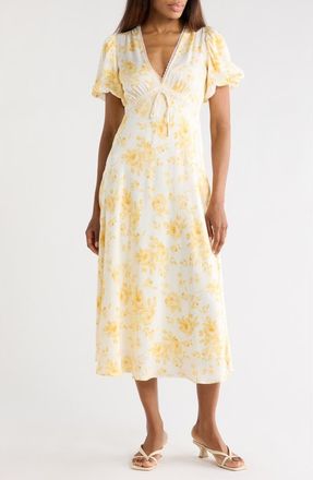 Wayf Puff Sleeve Midi Dress in Yellow Toile Roses at Nordstrom Rack, Size X-Small