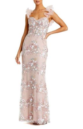 Mac Duggal Embroidered Lace Floral Gown with Ruffle Straps in Pastel Multi at Nordstrom, Size 6