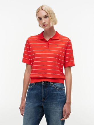 Tommy Hilfiger Womens Short-Sleeve Striped Sweater Polo - Fire Red Stripe - XL