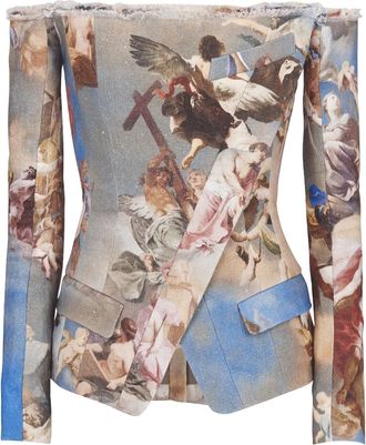Balmain Sky-print off-the-shoulder jacket - women - Linen/Flax - 38 - Multicolour