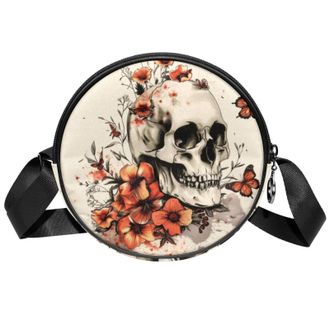 Generic Circle Crossbody Bag for Women, Skulls Flowers Small Sling Bag Daypack with Zipper Adjustable Shoulder Straps Casual Ladies Girls Round Purse