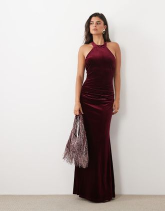 Tfnc vestito maxi in velluto con collo alto e dorso a vogatore bordeaux-Rosso