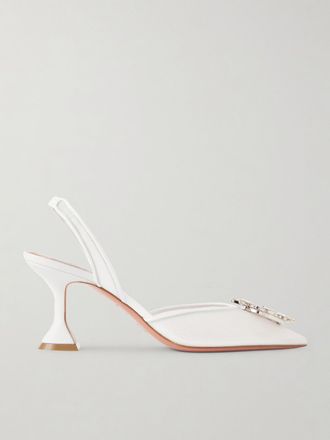 Amina Muaddi D&eacute;collet&eacute; Slingback In Mesh Con Finiture In Pelle E Cristalli Begum - Bianco