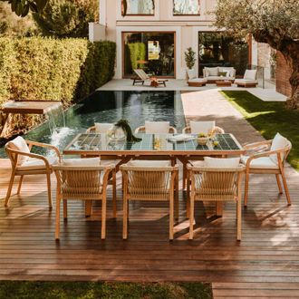 Sklum Set da tavolo rettangolare 200x100 cm in stile piastrella e 8 sedie da giardino in legno di acacia e cemento Dubai SKLUM