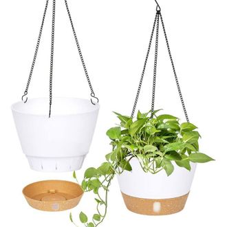 OEM Juego De 2 Macetas Colgantes De 25,4 Cm - Blanco Mate Para Uso Interior Y Exterior - Con Orificio De Drenaje Y 3 Ganchos - Para Plantas Y Flores -crez