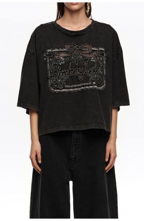 Bimba & Lola Maxi Broderie Anglaise Logo T-Shirt in Washed Black at Nordstrom, Size Xx-Small Eu