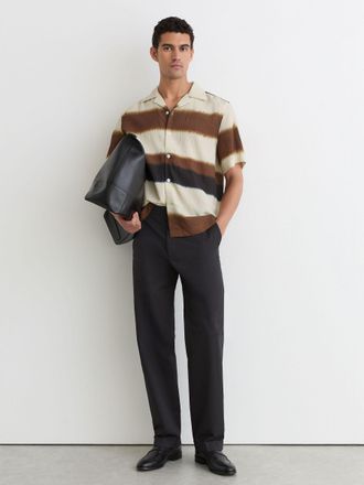 Reiss Brown Multi Block-stripe Cuban-collar Shirt, XL
