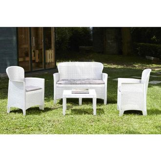Dmora Dmora - Sal&oacute;n De Jard&iacute;n Ostuni, Conjunto De Jard&iacute;n Con 2 Sillones, 1 Sof&aacute; Y 1 Mesa De Centro, Zona De Estar Efecto Rat&aacute;n Con Cojines, 100% Made In Ita