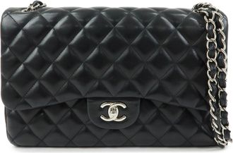 Chanel Classic Timeless Double Flap Quilted Lambskin Black Leather Handbag (Pre-Owned)