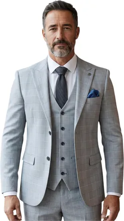 PAUL ANDREW Herenpak in blauw ruitpatroon, driedelig, getailleerd, formeel pak