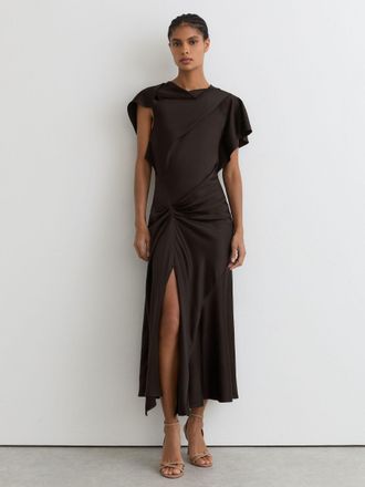 Reiss Chocolate Brown Satin Drape-detail Midi Dress, 18