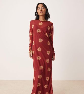 Never Fully Dressed Petite long sleeve heart print mesh maxi dress in burgundy-Red