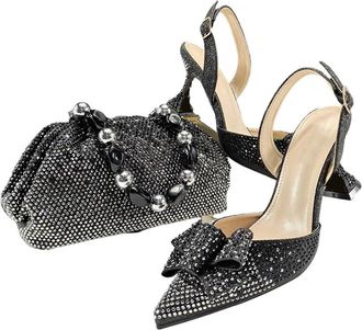 Generic Women Elegant Rhinestone Pointed Toe Heels with Matching Bag Set Business Office Party Outfit Black
