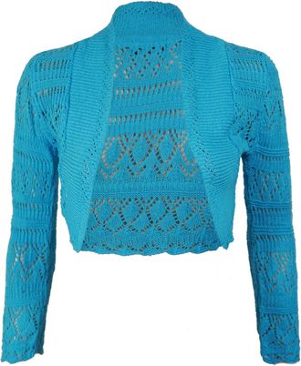 Purple Hanger New Ladies Long Sleeve Crochet Bolero Shrug Top Womens Plain Cropped Knitted Open Cardigan Tops Turquoise Size 12 - 14