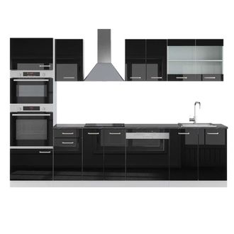 Vicco Mueble De Cocina R-line, Negro Brillo/blanco, 300 Cm Con Armario Alto, Et Antracita