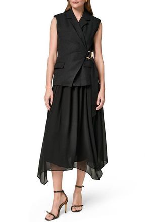 DKNY Mixed Media Belted Handkerchief Hem Midi Dress in Black at Nordstrom, Size 14