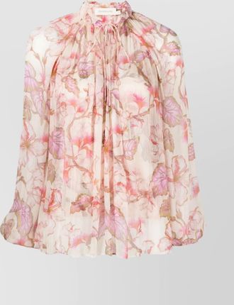 Zimmermann floral-print crepe gathered tie-neck v-neck long-sleeve blouse