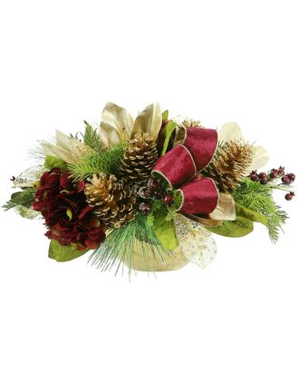 Creative Displays Inc. Hydrangea Holiday Centerpiece With Magnolia Leaves, Pinecones And Velvet Bows